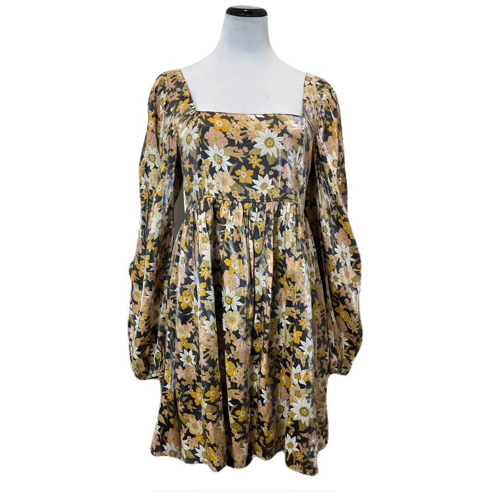 Mittoshop Black/Gold/Tan Multi-Color Floral Puff Long Sleeve Shimmer Dress,Large